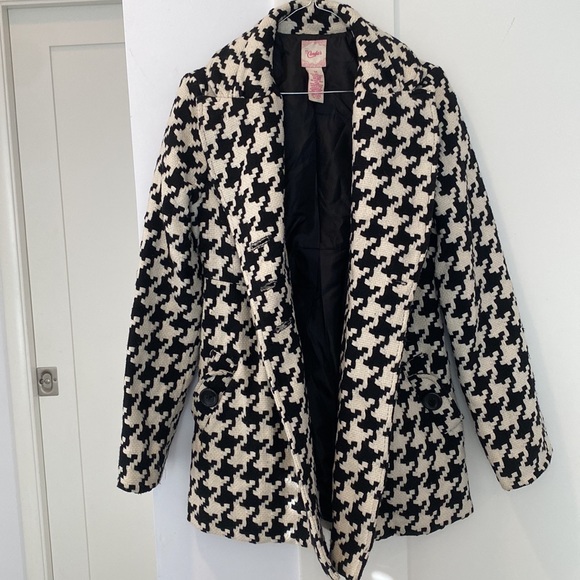 Vintage 80s 90s CANDIE'S Houndstooth Pea Coat Empire Waist Back Bow Fits Small - Picture 4 of 8